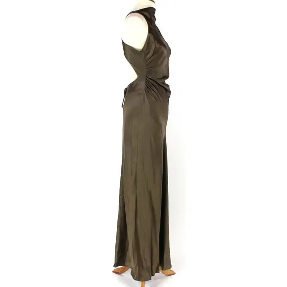 Reformation Morel Brown Anaiis Silk Dress High Neck Open Back Maxi Dress Size 6 - Picture 3 of 7